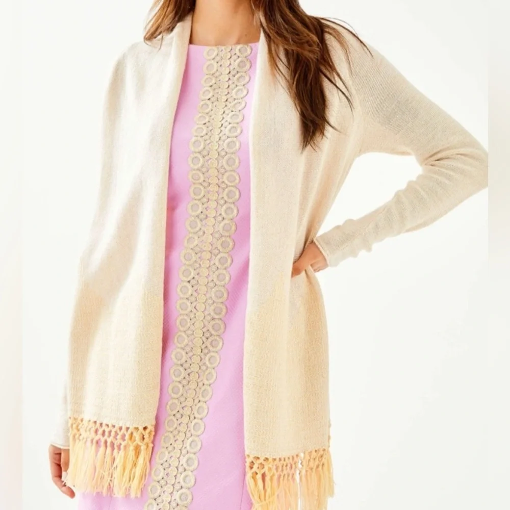 LILLY PULITZER Women’s M Cardigan Tatum Long Fringe Hem Ivory Gold Metallic - Picture 2 of 15